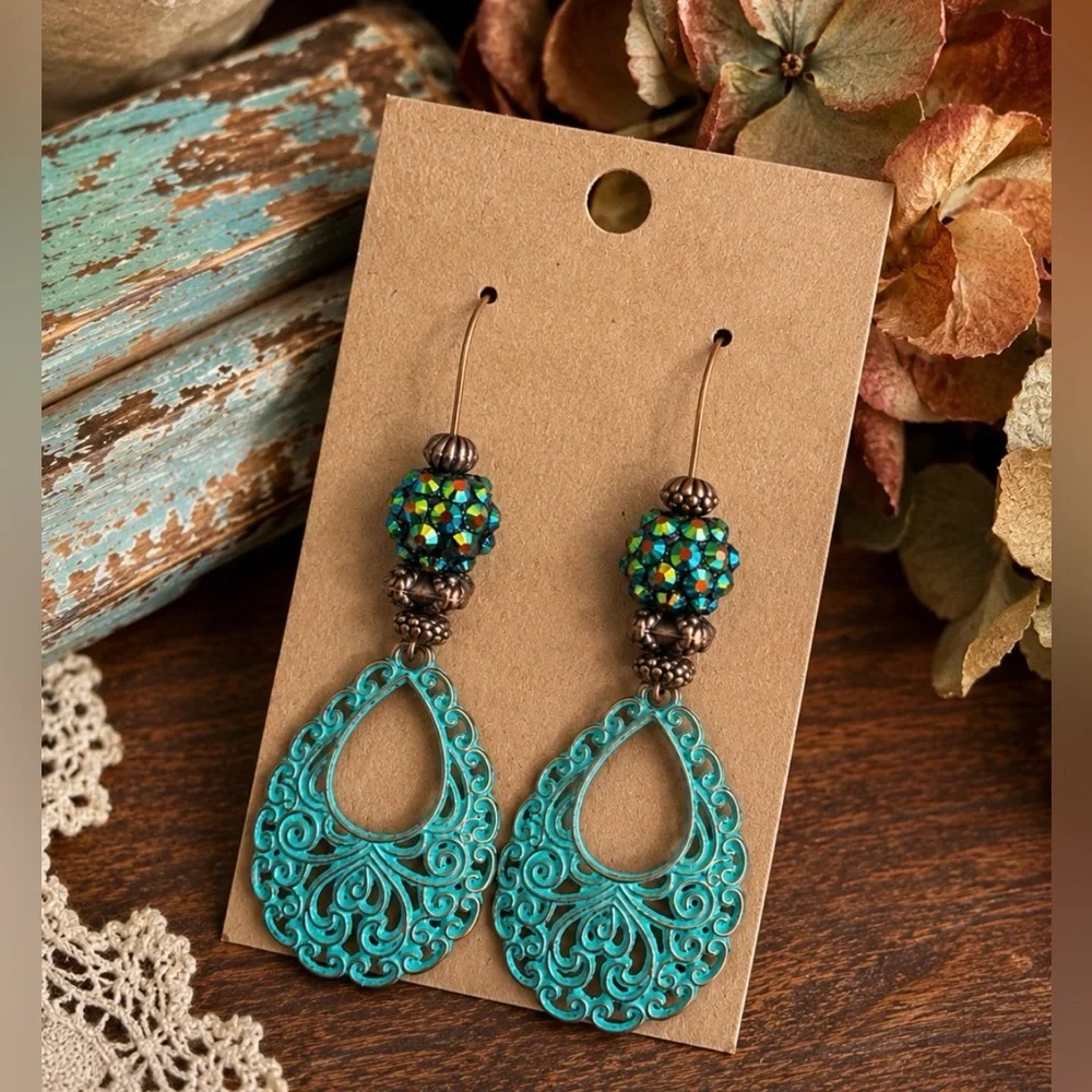 Artisan Patina Teardrop Earrings Vintage Crystal Beads Boho Western 3”
